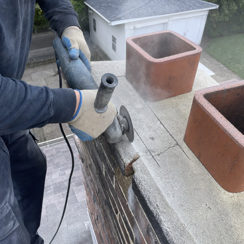 Professional technician performing masonry chimney crown repair on a roof