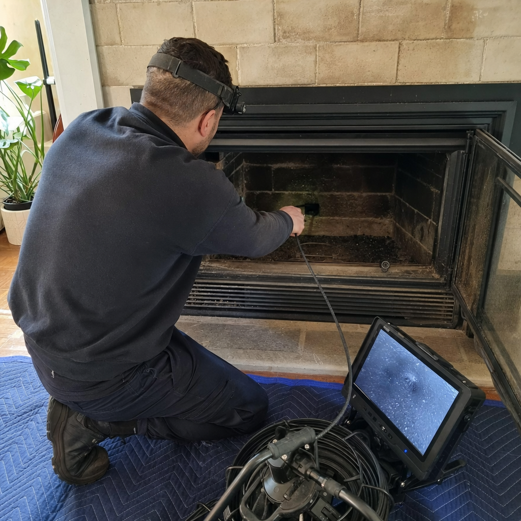Technician using a chimney inspection camera on a residential fireplace