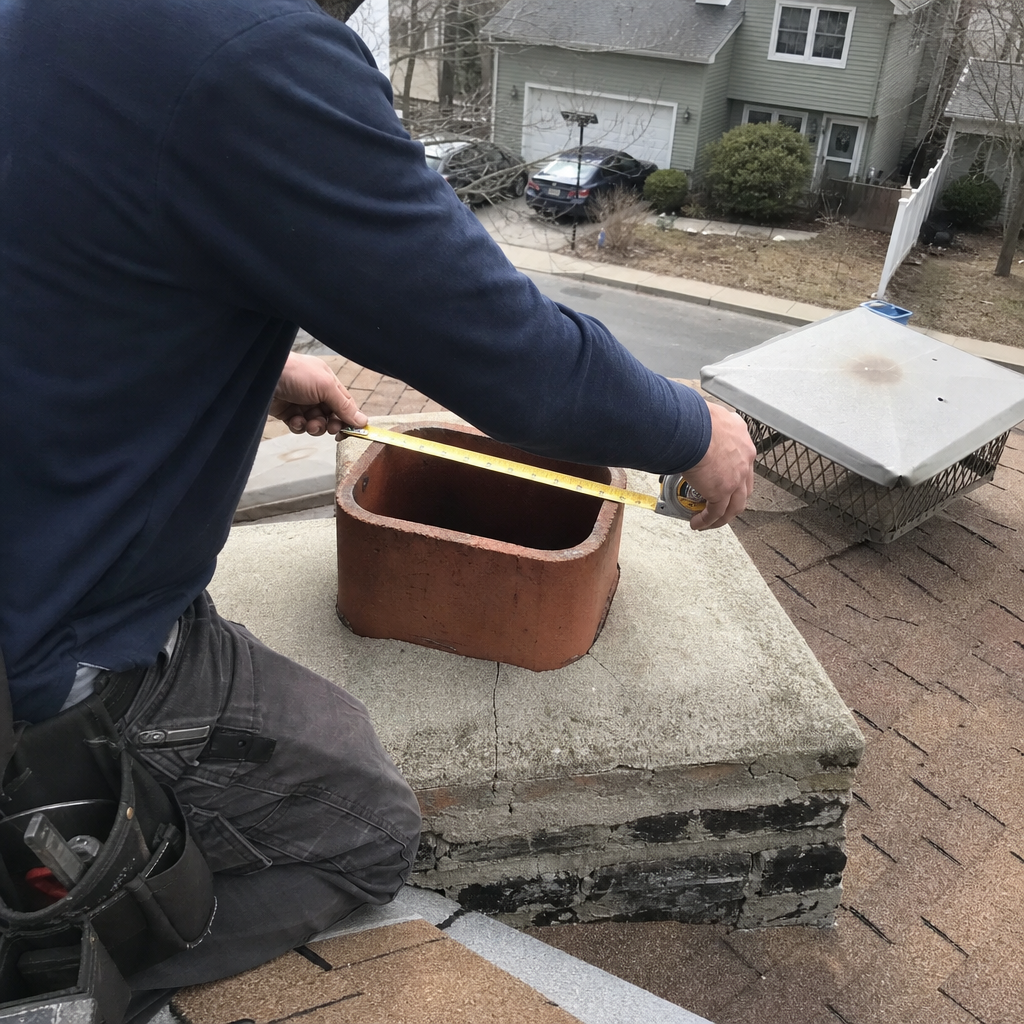 Professional measuring chimney flue for custom cap and crown replacement in Demarest, NJ