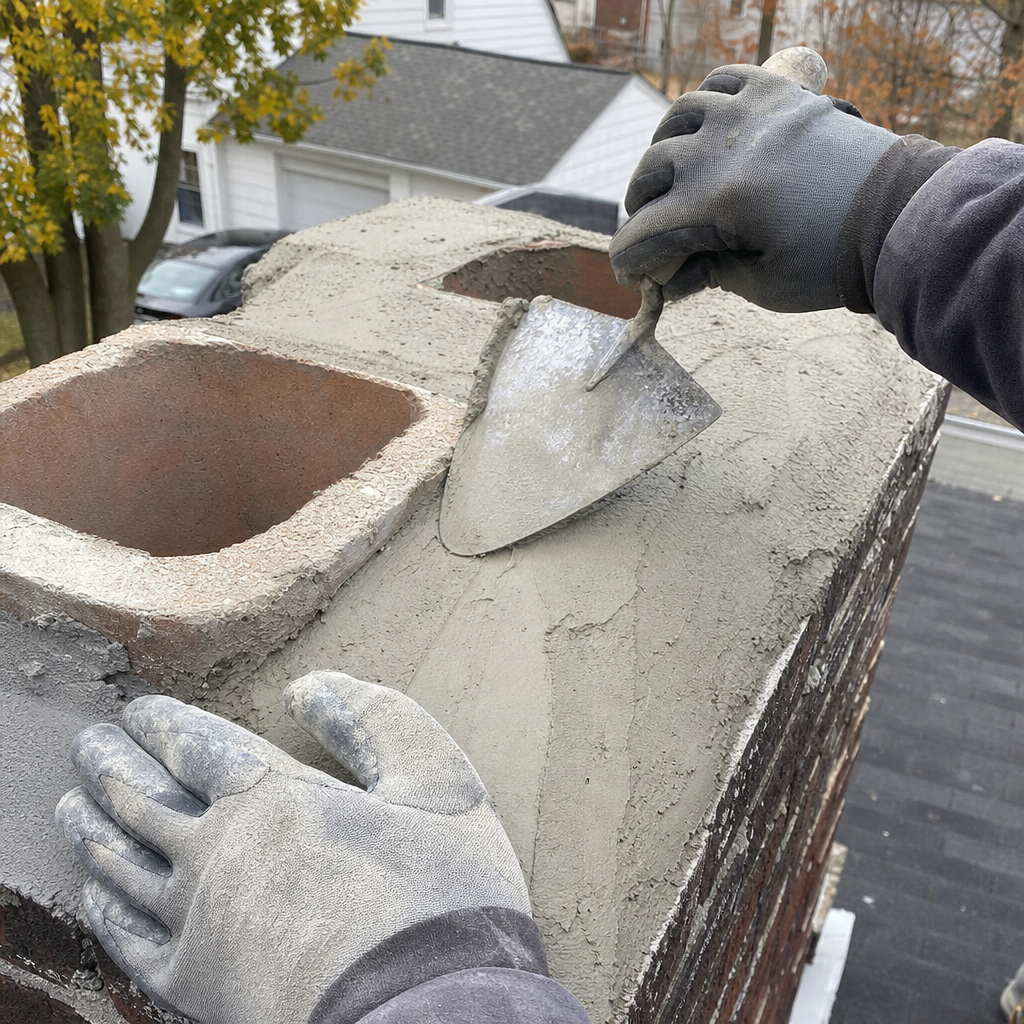 Professional contractor applying mortar to a brick chimney crown in Demarest, NJ