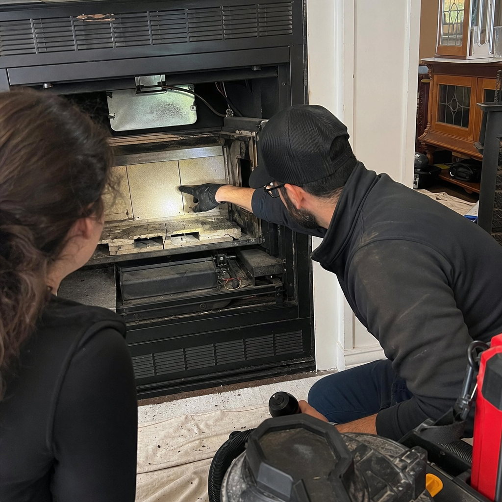 Professional chimney sweep performing maintenance on a residential fireplace in Greater New York, NY