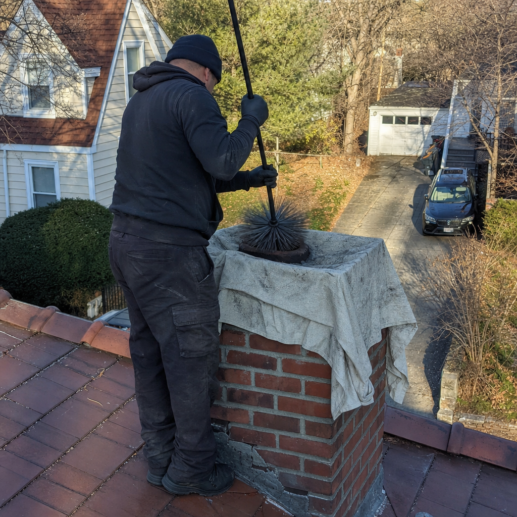 Professional chimney sweep cleaning a residential brick chimney with a brush in Hackensack, NJ