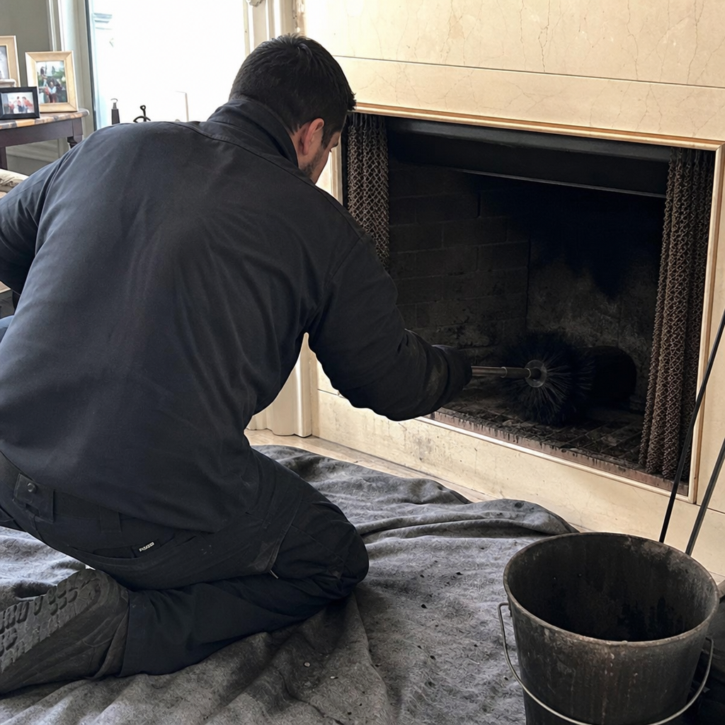 Professional chimney sweep cleaning a fireplace with a wire brush. in Hackensack, NJ