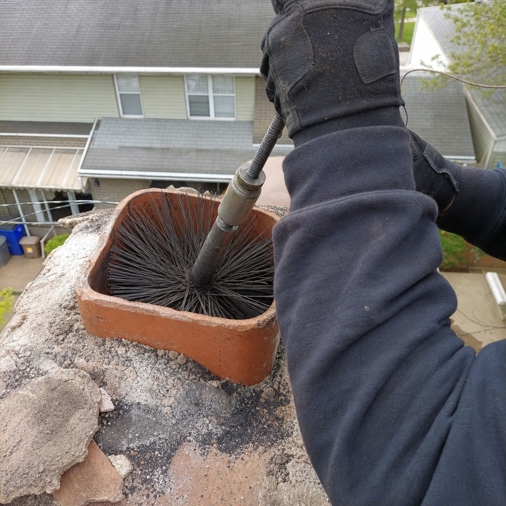 Professional chimney sweep cleaning a fireplace flue from the rooftop in Greater New York, NY