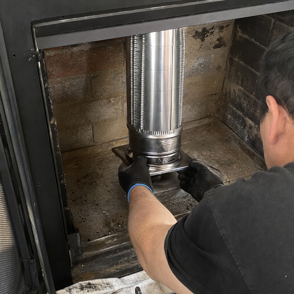 Technician performing professional chimney liner installation and fireplace system maintenance in Greater New York, NY