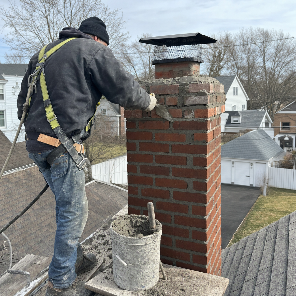 Professional masonry contractor performing brick chimney repair and mortar repointing on roof in Greater New York, NY