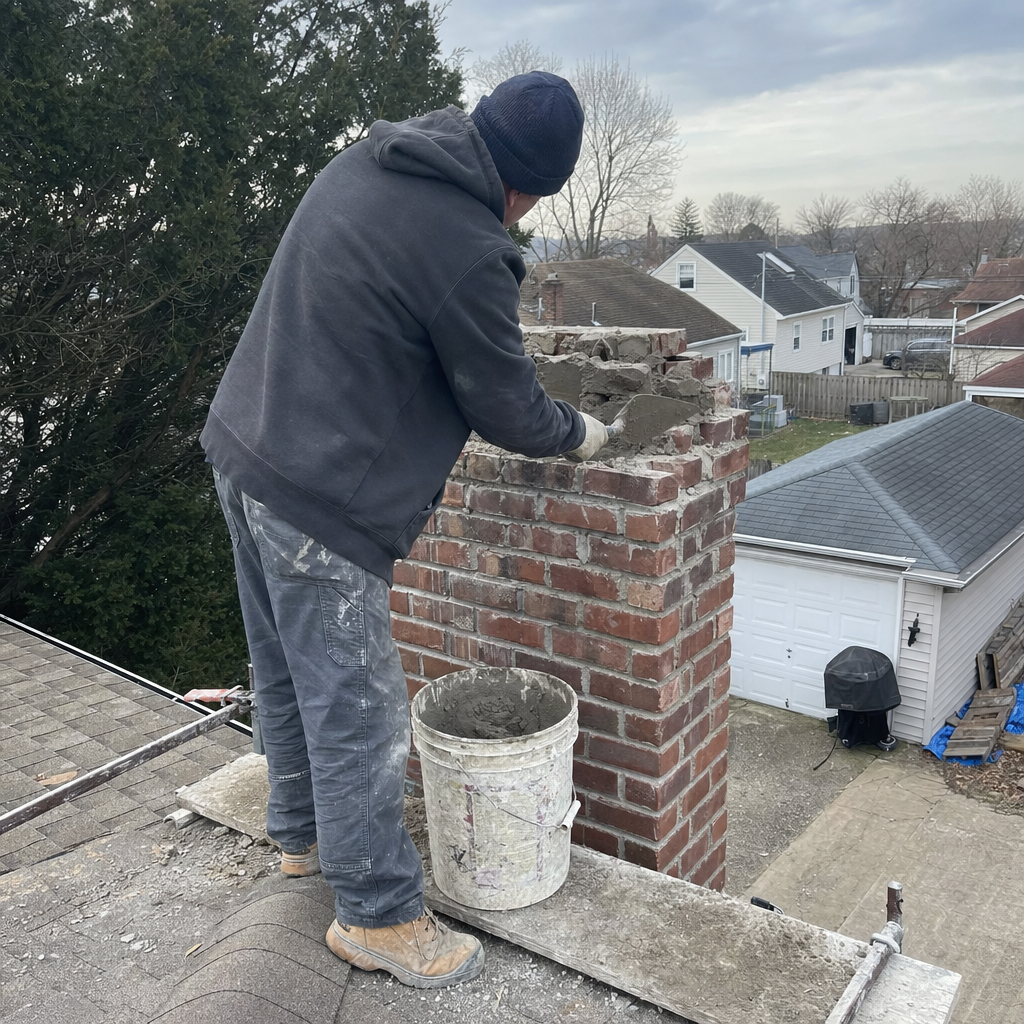 Professional mason performing brick chimney repair work on a rooftop in Stapleton, NY