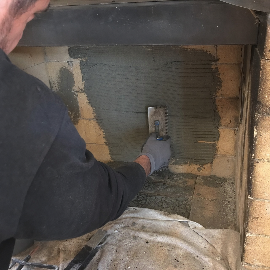 Professional contractor applying mortar to fireplace interior with a trowel in Hell's Kitchen, NY