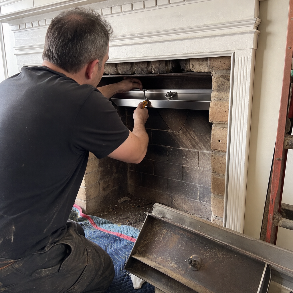 Professional chimney sweep installing a stainless steel fireplace damper in Babylon, NY